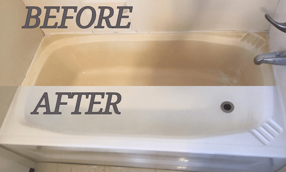 Before and after bathtub refinishing — damaged tub transformed to smooth white finish