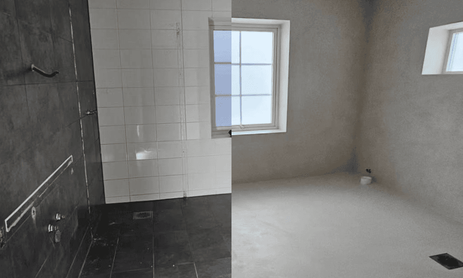 Before and after microcement floor transformation by Heritage Coatings